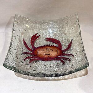 Jones Glassworks Seattle Handmade Fused Glas Copper Crab Square Tray Plate 2009
